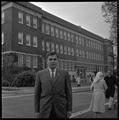 Gary Ford, a member of OSU's G.E. College Bowl team, posing outside of the Commerce Building