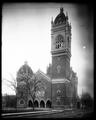 First Congregational Church at corner Park and Madison, Portland. Muddy street in foreground.