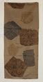 Textile Panel of brown silk with painted designs of various textile fragments in browns, blues, and red, greens