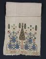 Fragment of a towel of hand-spun linen with 7 3/4" band of floral embroidery with beetle motifs and cypress tree