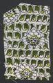 Textile Sample of white woven, smooth surface fabric with print in olive greens and black line design of stylized flowers