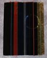 Textile Panel of striped cut velvet in green, brown, blue and dark peach