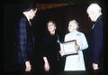 President MacVicar congratulating retirees Louise Kenyon and Margaret Foster, Oregon State University, Corvallis, Oregon, circa 1971