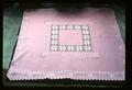 40 x 40 pink Hardanger tablecloth, made 1975, Astoria; 'my pride and joy' a combination of patterns from other pieces