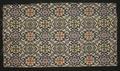 Textile panel of silk brocade in blue, pink, olive and green ornate floral pattern on ecru ground