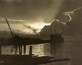 Ship docking at sunset