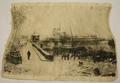 Textile photo print wall hanging of ivory ribbed silk with scene in charcoal greys of a docked ship at port