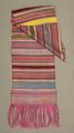 One-half length of a hand-woven scarf of multi-colored, horizontally striped silk