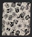 Textile swatch of ivory cotton broadcloth with pattern of heraldic shields in black with various motifs- ships, castles, horse, lion, spade