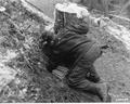 CCC crew member loading a hole under a stump with dynamite, Lolo National Forest (Montana)