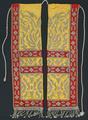 Two leg panels create part of an apron for a traditional Thai dance costume of red and yellow sateen