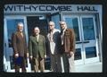 Joe Cox, G. Burton Wood, Wilbur Cooney, and Elmer Stevenson in front of Withycombe Hall, Oregon State University, Corvallis, Oregon, September 1974