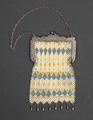 Purse of hand painted metal mesh with Art Deco design in blue and dark orange on cream colored ground