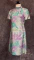 Dress of large floral print silk in pastel shades of lilac, lavender, grey, aqua, and turquoise