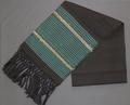 Table Scarf of black ribbed woven cotton with figured bands at ends in turquoise silk and metallic threads