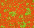 Textile yardage of bright red-orange and bright green print cotton with a stylized floral and leaf print