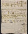 Sampler of natural linen embroidered in the alphabet, numerals, animals, birds, human figures, flowers and other small motifs