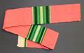 Belt or band fragment from a band of bold pink woven wool with striped bands in greens, white and olive wool