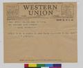 Telegram to Gertrude Bass Warner from Virginia T. Lindsley (Mrs. John)