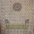 Bedspread (Palampore) of fine cotton muslin block print in detailed black outline patterns of paisley, floral, birds, and medallions