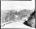 Curves on Mt. Hood Loop highway on Laurel Hill. Wooden guard rail along road, trees below peak in background.