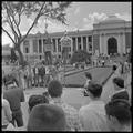 Alice Thomas [?] speaks to students assembled in the Memorial Union quad to protest tuition increases