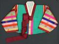 Jacket "Jeogori" of green silk damask vest with bright multi-colored striped sleeves with orange motifs