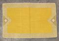 Tray Cover of mustard yellow woven cotton trimmed in a 1 7/8" band of drawn-work circle pattern with exposed white stitch-work