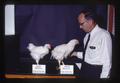 George Arscott with chickens fed 1931 and 1969 rations, Corvallis, Oregon, July 1969