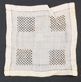 Tea Cloth or Doily of fine white linen with four drawn-work squares in a lattice design connected with fine drawn-work bands