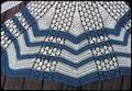 crocheted apron, blue and white, 20 inch long x 12 inch wide at top, 21 at bottom, by Juanita Dias, Yorktown Texas 1921