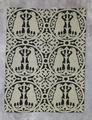 Wall Hanging of grey and black double-weave cotton or linen in a design of pairs of birds in circles with ornate fleur-de-lis designs