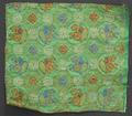 Textile Panel of bright green silk brocade with metallic gold roundels joined with smaller silver metallic medallions