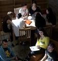 Aerial view of students having discussion in Global Scholars Hall