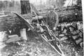 View of a gasoline powered dragsaw being used to cut firewood.
