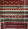 Gamucha (sweat towel) of dark red, magenta, green, turquoise, yellow and white hand-woven cotton