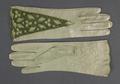 Gloves of olive green leather with a triangular insertion open-work embroidered lace