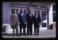 Elmer Stevenson, J. Ritchie Cowan, Wilbur Cooney, and G. Burton Wood in front of Withycombe Hall, Oregon State University, Corvallis, Oregon, September 1970