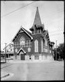 Wooden Lutheran Church building on street corner, Portland.