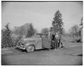 Man and woman standing next to automobile