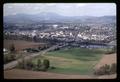 Aerial view of Highway 34 bridges across the Willamette River into Corvallis, Oregon, April 7, 1969