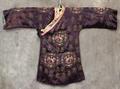 Kimono of plum colored silk satin with large Chinese characters of metallic thread couched onto kimono throughout and surrounding large medallions