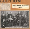 The Birgfeld Orchestra of The Dalles - 1899; Back Row, L to R: Chris Paulsen (mill wright) with flute; Mark Long (barber) with clarinet; Edward Williams (merchant) with bass violin. Front Row, L to R: Morris Paulsen (age 10) with violin; Jim Benton (merchant) with cornet; Alma Schmidt (Mrs. W.E. Simon) Oswego, pianist; Prof. William Birgfeld, orchestra leader with violin; Sherman Frank (saddle merchant) with trombone; Thomas ""Dad"" Lunch (barber and Civil War drummer boy) with drum; Frank French (merchant) cello player, not in photo. Lower left insert, Morris Paulsen, Oakland, Calif. in 1937.