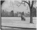 Winter view from library quad, including Benton Hall and bandstand, December 25, 1948