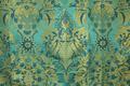 Drapery yardage of bright teal, blue and chartreuse rayon and silk satin damask