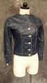 Jacket of navy blue crinkle-textured vinyl (urethane coated black cotton) with off-white top stitch detail