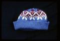 26 1/2  x  8 inch blue and maroon and grey hat, knitted 1971