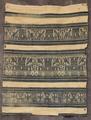 Textile Panel of natural white linen with horizontal bands of hand-woven indigo cotton stripes and figured design