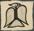 Textile panel of natural woven cotton with black direct dye, mordant dye of a representational bird image