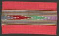 Textile of dark pink cotton, linen, and silk with multi-colored striped bands at center